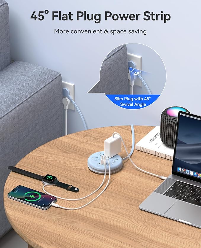 ORICO Travel Power Strip, 4Ft Flat Plug Extension Cord with 3 AC Outlets and 2 USB-A and 1 USB-C Charging Ports, Non-Surge Protector, Travel Essential for Cruise/Home/Office, Blue-OR
