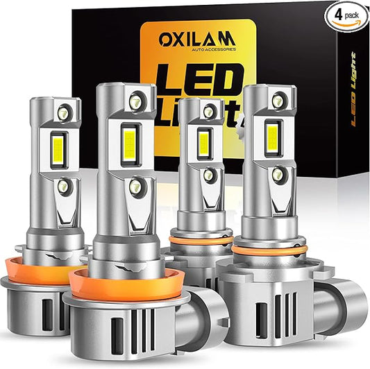 OXILAM Q36 H11 9005 Light Bulbs Combo, 60000 Lumens 800% Brighter 6500K Cool White Light, 1:1 Size Halogen Replacement, IP68 Waterproof, Pack of 4