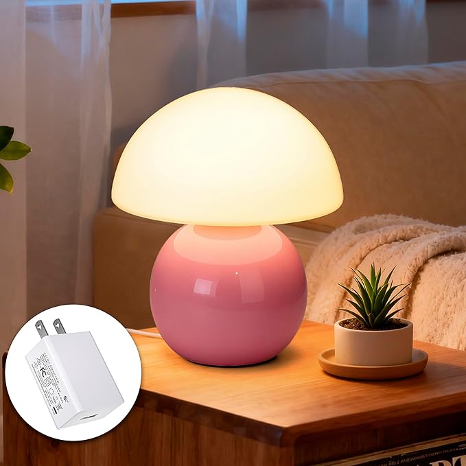 Cute Small Mushroom Lamp Decor,USB-Plug in Bedside Table Lamps with 3-Temperature LED Bulb Dimmable,Modern Aesthetic Home Decor for Livingroom/Bedroom/Dorm/Nursery (Pink with Plug)