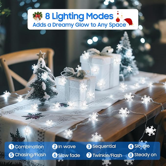 Christmas Lights, Snowflake Rechargeable Fairy Lights, 20FT 40 LED Mini String Lights Battery Operated Indoor, Twinkle Lights with 8 Modes & Timer for Bedroom Party Xmas Tree Decorations, Cool White