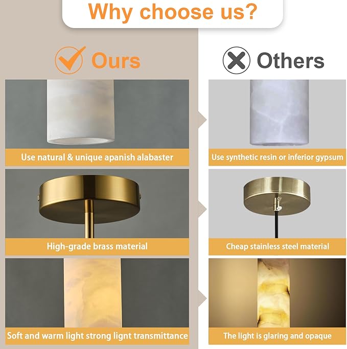 Alabaster Pendant Light for Kitchen Island, H-9.5in Modern Brass Hanging Light Fixture with Natural Alabaster Stone Shade, Adjustable Pendant Lighting Over Sink, Dining, Bar, Counter