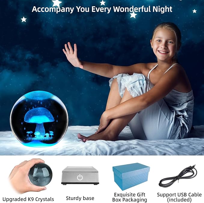 3D Mushroom Crystal Ball Night Light 3.15 inch Glass Ball Table Lamp with Color Changing Touch Base Mushroom Decor Ideal Gifts for Friends Kids Christmas Birthday