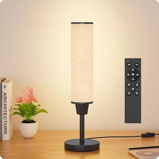 Table Lamp with Remote，Bedside Lamps for Night Stands, Nightstand Lamp with Adjustable Brightness (10%-100%) and Color Temperature (3000k-6000k),Small Lamp for Bedroom (Black - Beige Linen)