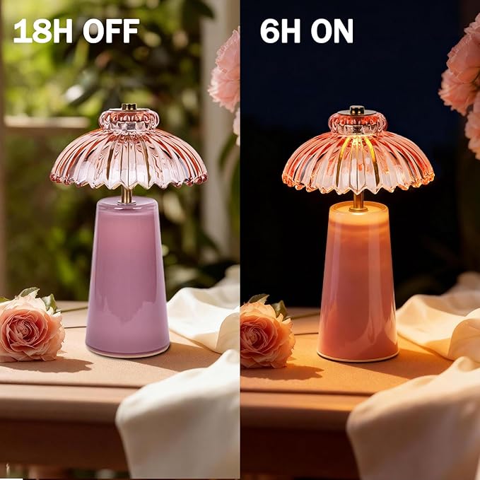 MJ PREMIER Cordless Lamp, Battery Operated Lamp with Timer, Crystal Glass Flower Lampshade, Small Table Lamps, Decorative Led Light for Bedroom Living Room Shelf (L-Pink)