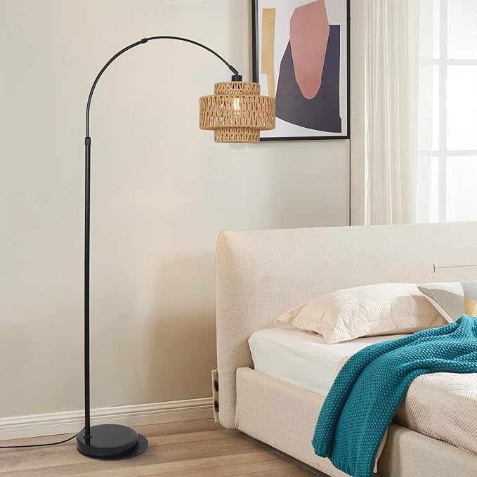 HMVPL Arc Floor Lamp for Living Room, Boho Rattan Floor Lamp with Remote, Black Standing Lamp with Dimmable Blub Timer, Farmhouse Arched Tall Lamp for Bedroom Reading Over Couch (Height Adjustable)