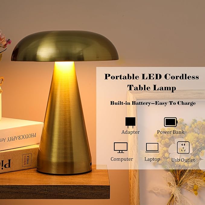 VIHOSE Set of 2 LED Mushroom Lamps Portable Metal Table Lamp with Touch Sensor 3 Color Stepless Dimming Desk Lamp Rechargeable Battery up to 15 Hours Cordless Lamp for Bedroom Nightstand Room Decor