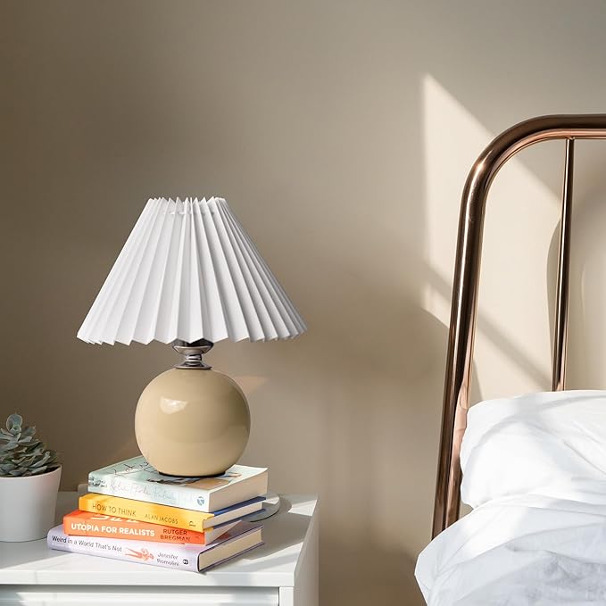 Korean Pleated Table Lamp Ins DIY Ceramic Table Lamps for Living Room Home Deco Cute Lamp with Tricolor Led Bulb Beside Lamp…