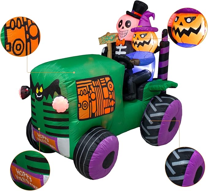 5.5Ft Long Halloween Inflatable Ghost Tractor Decoration with LED Lights Halloween Blow up Car Outdoor Indoor Holiday Decorations Yard Decor Giant Lawn Inflatable Garden Party Decoration