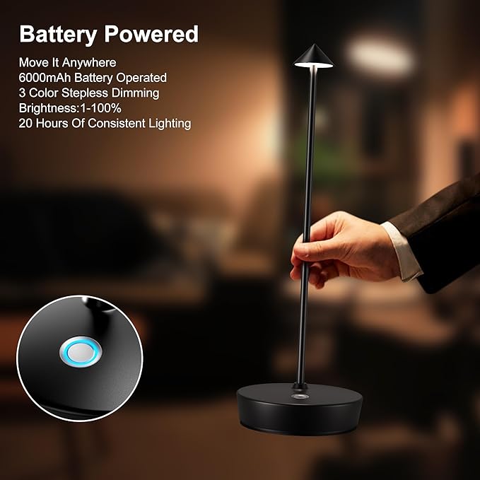 Cordless Battery Powered Table Lamp, Rechargeable LED Dimmable Brightness Metal 6000mAh Touch Table Lamp Portable Modern Design for Restaurant Indoor & Outdoor(Black 2 Pack)