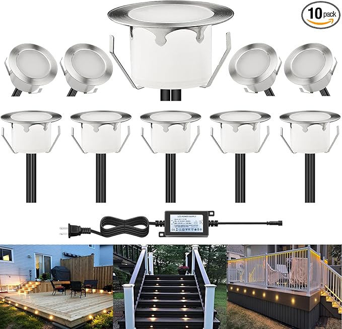 LED Outdoor Deck Lights Kits, Φ1.77in Warm White 10 Pack Silver, Low Voltage 12V DC IP67 Waterproof, Electric Wired Recessed Exterior Stair Step Riser Landscape Lighting for Outside Floor Yard