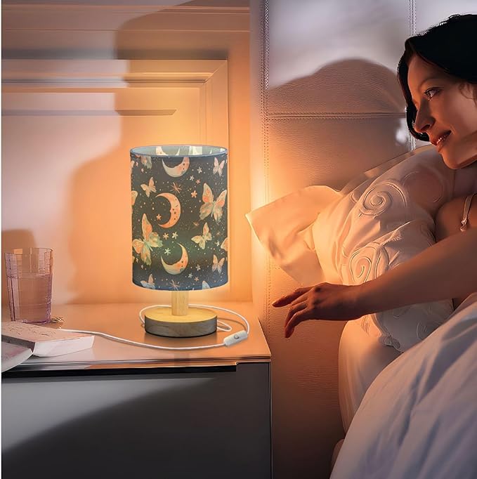 Watercolor Colorful Butterflies and Moon Stars Bedside Table Lamps with USB Port for Bedroom Lamp Accent Table Lamp Small Nightstand Lamp Linen Shade Wooden Decorative Lamps for Home|Kids|Dome