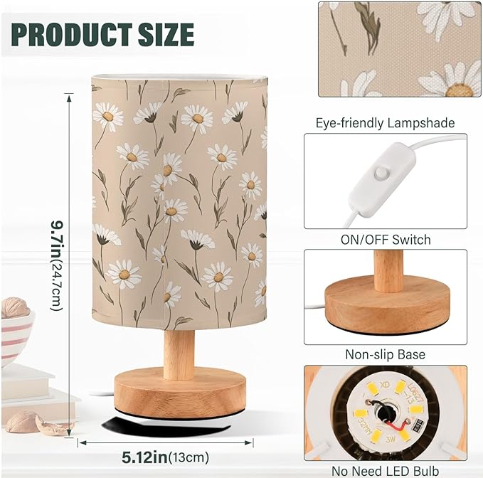 Fustylead Daisy Flower White and Tan Bedside Table Lamps with USB Port for Bedroom Lamp Accent Table Lamp Small Nightstand Lamp Sturdy Linen Shade Wooden Decorative Lamps for Office Dorm Home