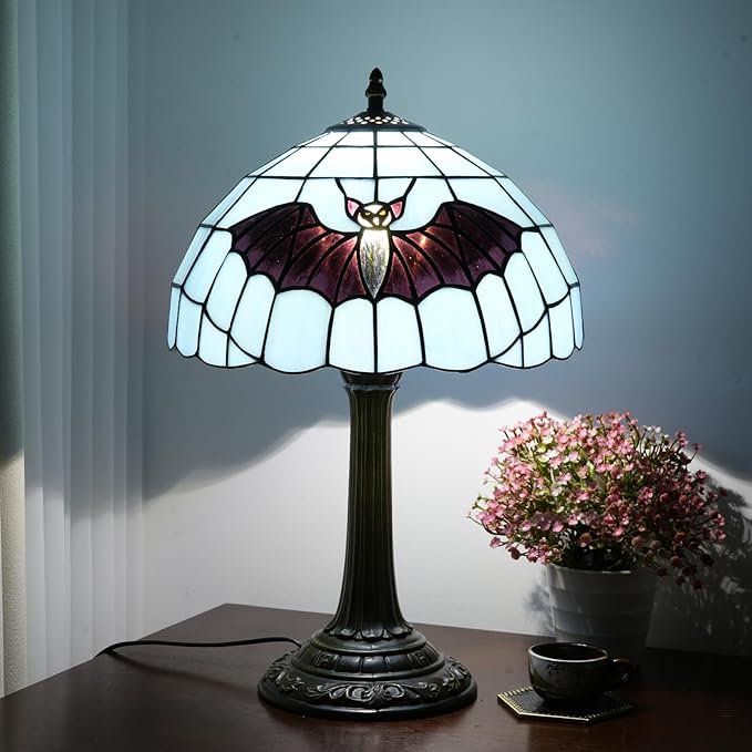 Tiffany Lamp Stained Glass Lamp 12 Inch Tiffany Style Blue Background With Black Bats Bedside Lamp Classical Art Decor Bedroom Living Room Dining Dormitory Table Vintage Home Decor The Ideal Gift