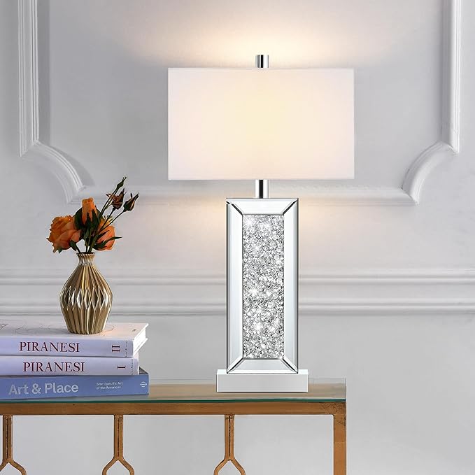 Modern Table Lamp Set of 2 Touch Control, Silver Mirror Big Diamond Crystal Bedside Lamp with USB C+A Ports, 3-Way Dimmable Mirrored Nightstand Lamps White Fabric Shade for Living Room Bedroom