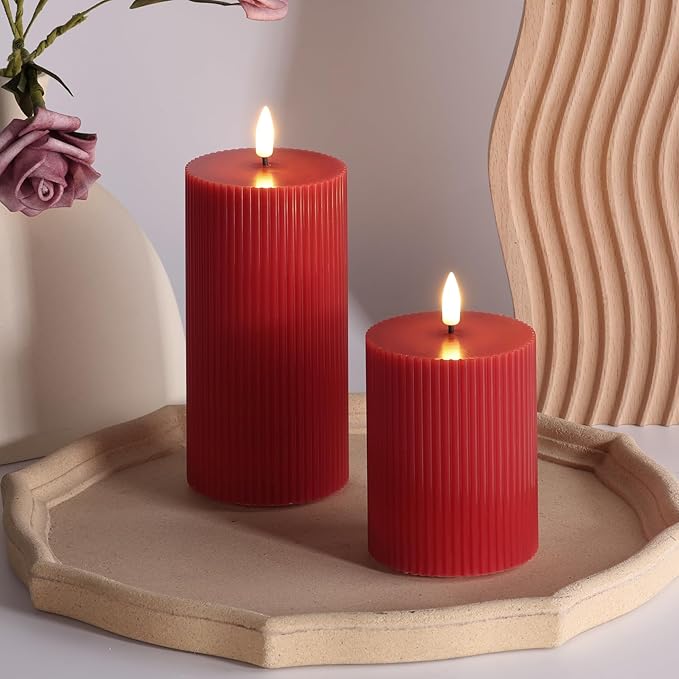 Red Ribbed Flameless Pillar Candles with Remote, Flickering LED Wax Candles Battery Operated Set of 2