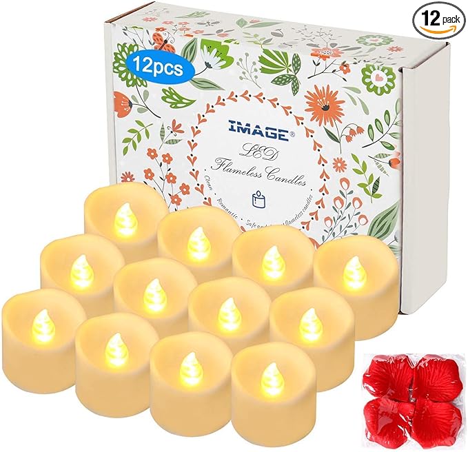 IMAGE Battery Tea Lights with Timer,Flickering Candles 12PCS 6hrs on and 18hrs Off in 24 Hours Cycle Automatically Timing LED Candles Lights with 100 PCS Decorative Fake Rose Petals-Warm White