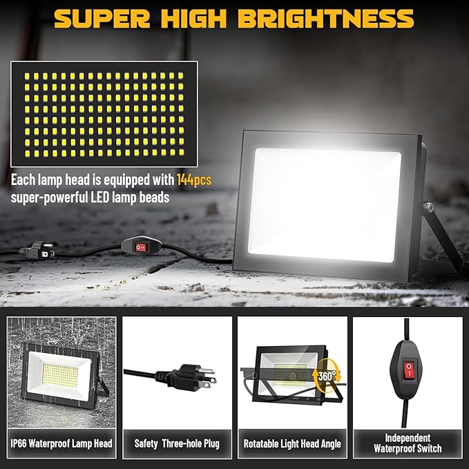 LIVOWALNY 11000 Lumens LED Work Lights, 110W Adjustable Head Floodlight with 13FT Cord, Portable IP66 Waterproof Flood Light for Outdoor Indoor Job Site Workshop Garage Construction Mechanics Lighting