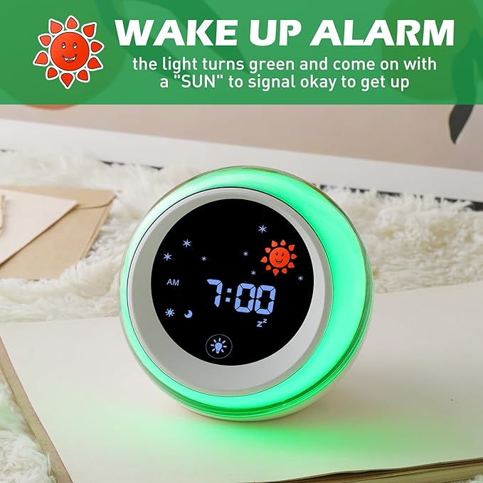 Kids Alarm Clock, Ok to Wake Clock with Sun & Star, Sound Machine, Night Lights, Nap Timer, Sleep Training Clock for Toddlers, Child