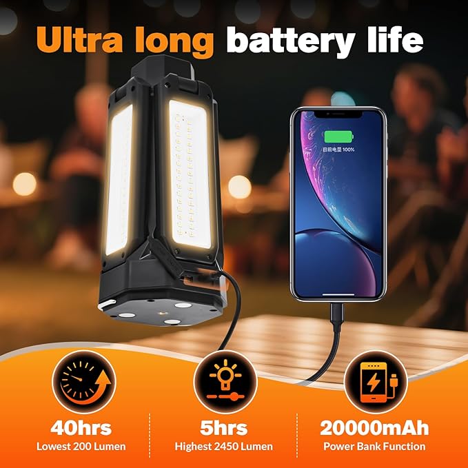 6500LM Camping Lantern & Flashlight | 20000mAh Power Bank, 40H Runtime, Magnetic Tripod | 3 Colors for Tent, Outdoor & Emergency Light