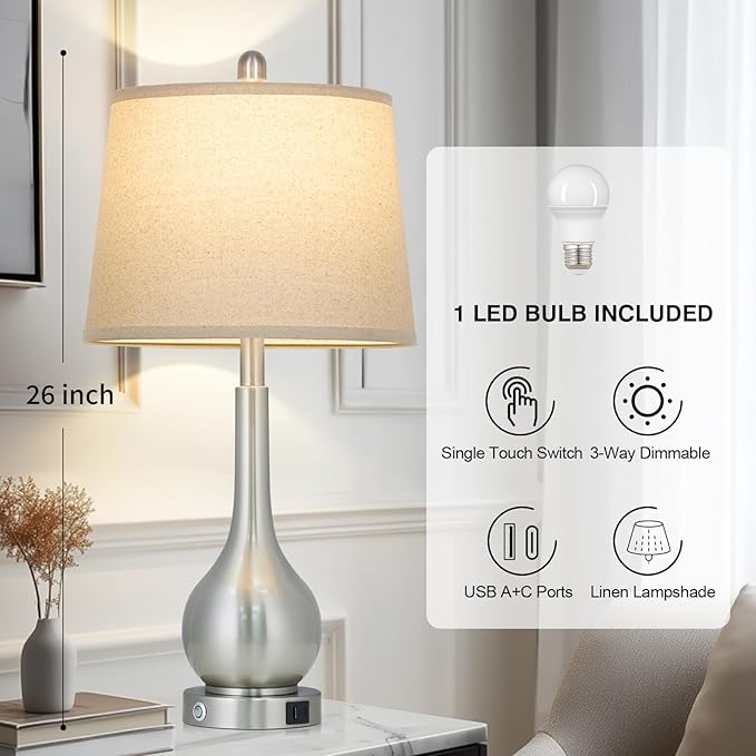 26" Silver Table Lamp for Living Room Single, Touch Control Bedside Lamp with USB Charging Ports, 3-Way Dimmable Brushed Nickel Bedroom Lamp for Nightstand (1 Pack)