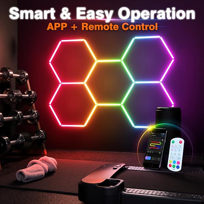 RGB Hexagon Garage Lights, Music Sync LED Hexagon Lights for Gaming Room, Smart App & Remote Control, DIY Honeycomb Ceiling Light for Studio Gym Basement Decor