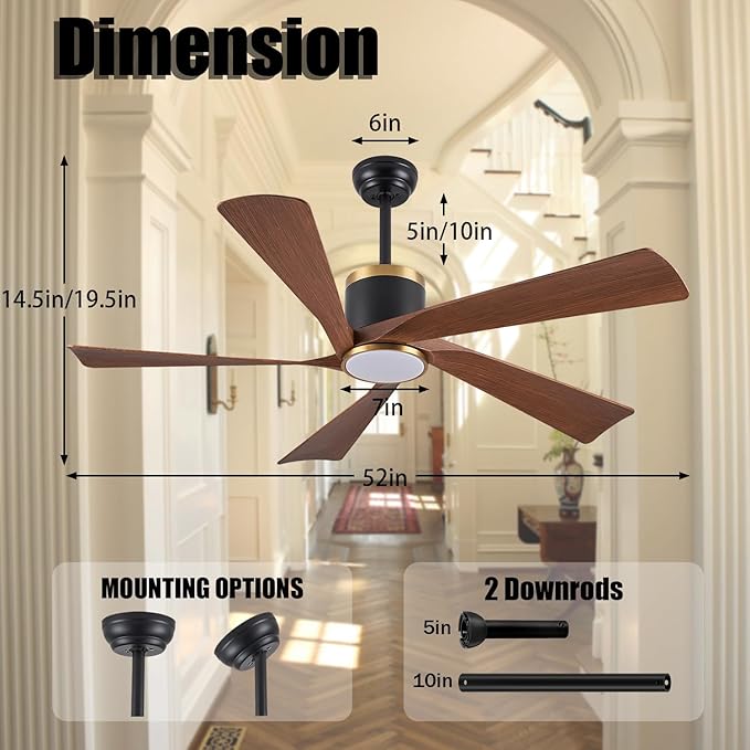 Ceiling Fans with Lights,52 inch Modern Ceiling fan with App and Remote Control,Reversible DC motor ceiling fans,3CCT,Dimmable, Noiseless,Ceiling Fan for Bedroom,Farmhouse,Indoor/Outdoor Use