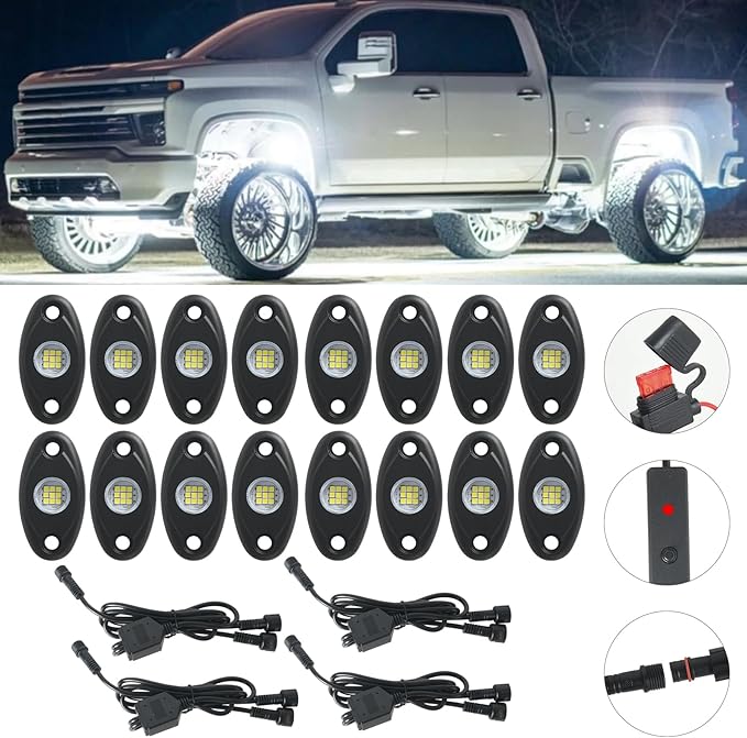 16pods Pure White Led Rock Lights for Trucks 6000k Aluminum Alloy Super Bright IP68 Waterproof for Utv ATV SUV RZR Rv Trucks Pickup Car Boats Neon Underglow White Rock Lights with Switch Kit