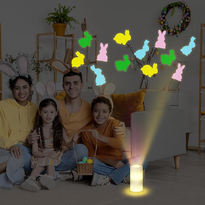 Baquler Easter Bunny Decor Flameless Candles Projector Lights Easter LED Candle Battery Operated Bunny Night Light with Remote Timer Gift Basket Party for Spring Farmhouse Table Home Decor