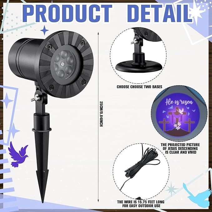 Easter He is Risen Outdoor Projector Christian Themed Holy Week Scene Vivid Holiday Projector Decorations for Garage Yard Garden Porch Door Wall Decor Party Gifts