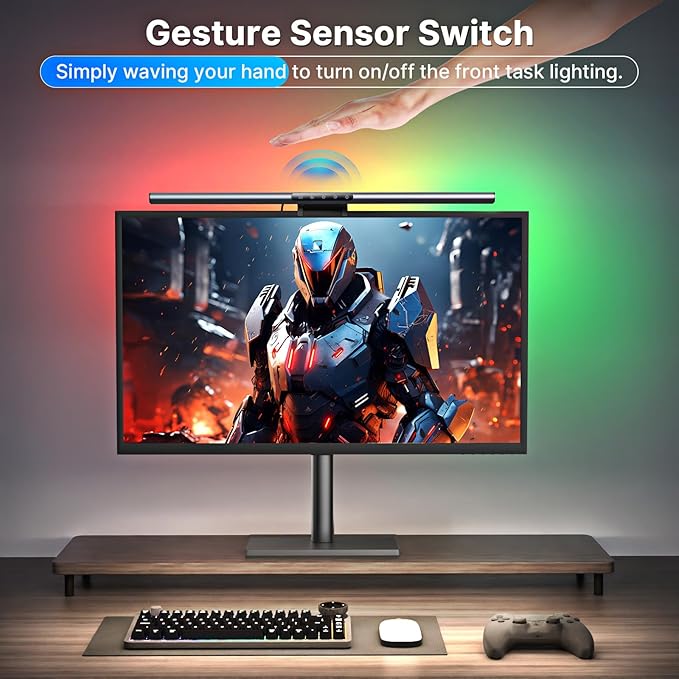 Syrinx Computer Monitor Light Bar, Eye Caring No Glare Monitor Lamp, LED Screen Light Bar with RGB Backlight, Touch+Gesture Control, Fit for All Screens, Dimmable PC Monitor Lamp for Gaming & Office