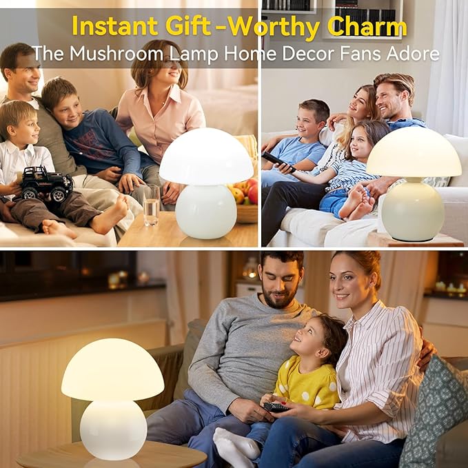 Remote Control Mushroom Lamp with Timer – 3-Color Dimmable Bedside Light, Ceramic Base & Glass Shade, Modern Decorative Night Lamp for Bedroom, Living Room, and Home Office (Sunset Orange)