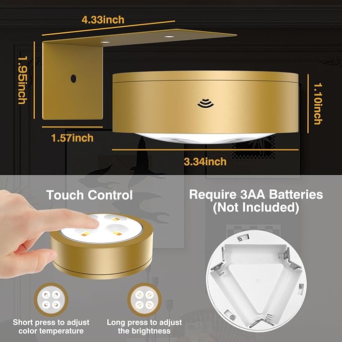 3Pack Wireless Picture Light,Battery Operated Painting Light with Remote,Magnetic Timer Display Art Lamp for Wall,Dimmable Picture Frame Light for Frame Artwork,Wall Decor Puck Lights-Gold