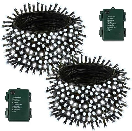 2 Pack Battery Operated Christmas Lights with Timer, 66FT 200 LED Waterproof Battery Twinkle Light, 8 Modes Green Wire Fairy Lights for Indoor & Outdoor Bedroom Tree Christmas Decorations (Cool White)