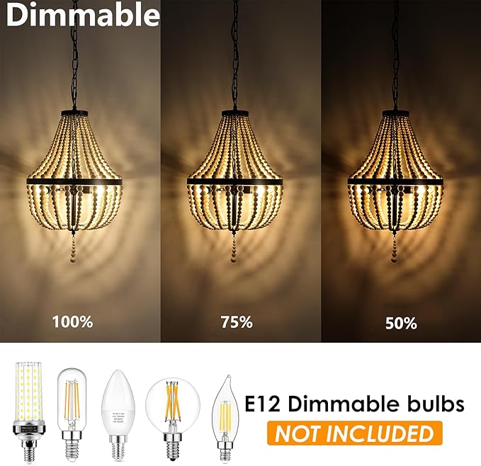 3-Light Plug in Chandelier Dimmable and Timer Mini Wood Beaded Bohemian Pendant Light Fixture with 16.4ft Swag Cord,Black Metal Finish Natural Color Beads,Dining Room,Living Room,Foyer,Bedroom…
