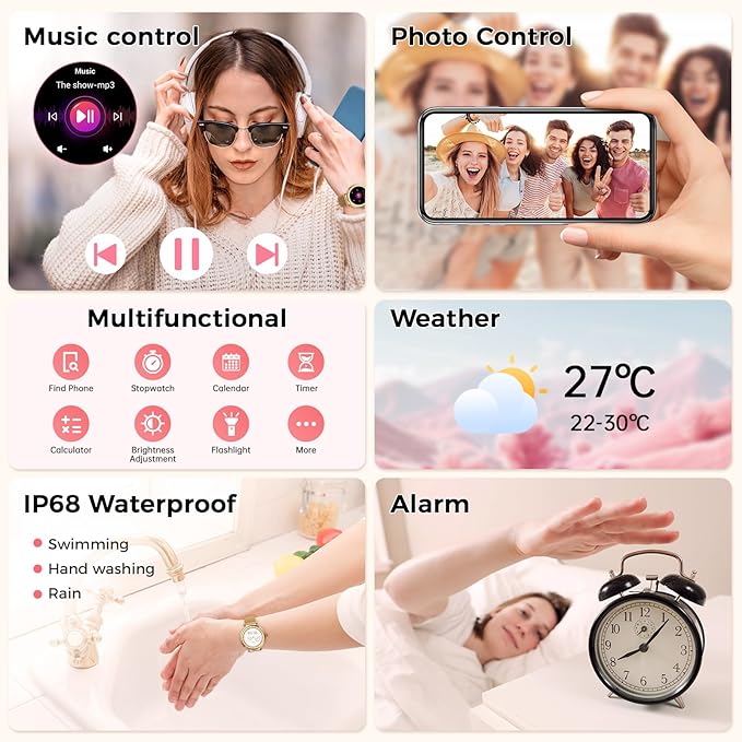 Smart Watch for Women, HD AMOLED Display Fitness Tracker Bluetooth Make/Answer Call, 1.19" Watches with 110+ Sports Modes/Heart Rate/Sleep Monitor/SpO2, Smartwatch IP68 Waterproof for Android iOS