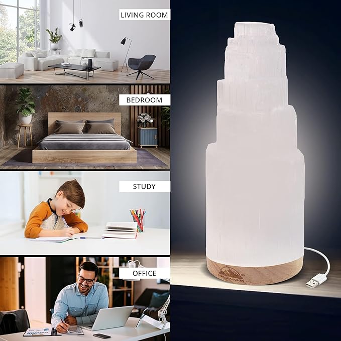 Himalayan Glow Selenite Crystal Lamp 20cm, Moroccan (ETL Certified) Tower Lamp with Wooden Base & USB Charging Cable, Anxiety Relief Healing Crystals for Home Decor