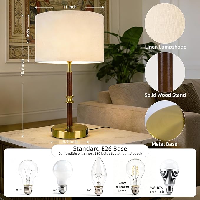 Desk Lamp with Dual USB Ports, 19.3" Wood & Metal Table Lamp for Bedroom & Living Room, Bedside Lamp with Linen Shade, Home Decor (Bulb Not Included)