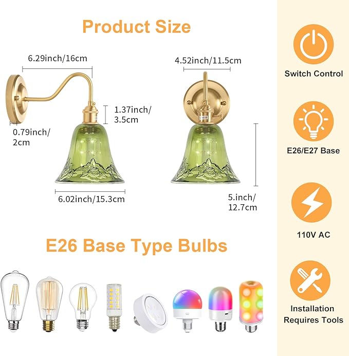 Battery Operated Wall Sconce Set of 2, Vintage Rechargeable Wall Lights with Green Morning Glory Glass Shade, Wireless Indoor Wall Lamp with Remote for Bedroom Living Room Bathroom