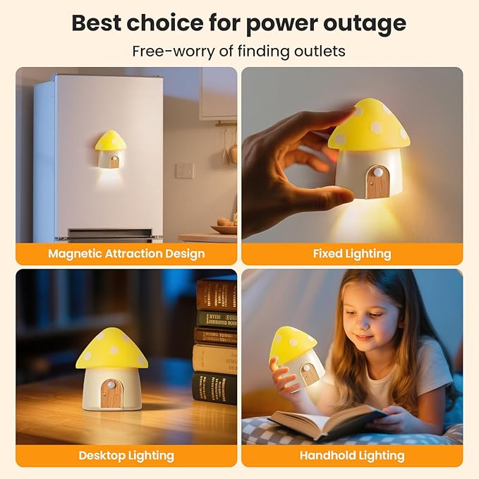 Mushroom Night Light, Cabinet Light Dimmable with 3 Color Temperature 3000/4500/6000K, Smart Motion Sensor Magnetic Rechargeable Nightlight for Kid Room, Gift Decoration, Yellow, 2 Pack