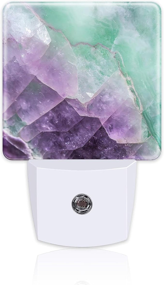 Purple Green Fluorite Marble Night Light, Luxury Rock Gemstone Dusk to Dawn Night Light Plug in, 0.5w Energy Saving Sleep Friendly NightLight for Kids Boys Girls Home Decor