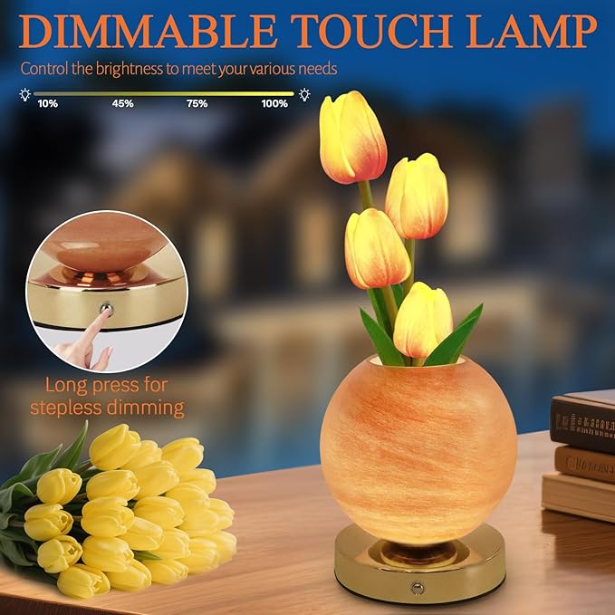 Tulip Table Lamp, Rechargeable Cordless Touch Dimming Artificial Tulip Flower Desk Lamp, LED Flower Bedside Night Light Romantic Gifts for Girl Women Mom (Orange)