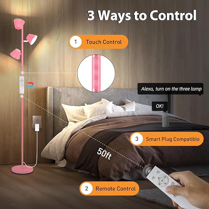 42W LED Tree Floor Lamp, 68" Modern Dimmable Floor Lamps for Living Room with Remote & Touch Control, with 3 Rotatable Lights 4 Color Temperatures, Tall Standing Lamp for Bedroom Office, Pink