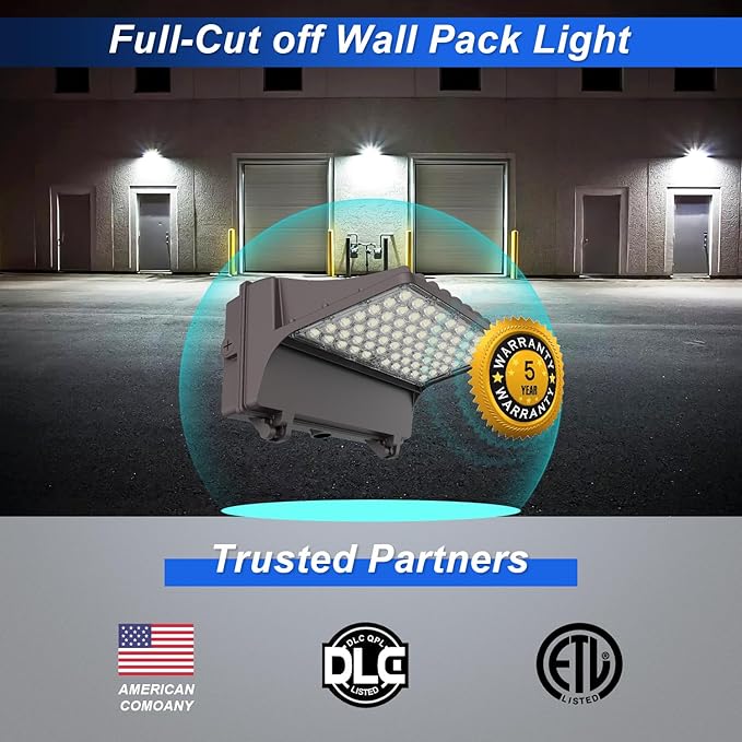 Full Cut-Off LED Wall Pack Light with Photocell, 120W/100W/80W/60W Selectable, 5000K Daylight IP65 Waterproof, 200-450W MH/HPS Equiv. Outdoor Commercial Wall Pack Light, AC100-277V, DLC ETL Listed