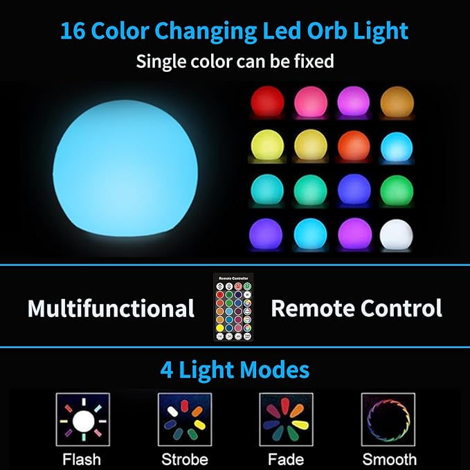 LED Ball Light,3-Inch Cordless Orb Light with Remote,16 Color Changing Night Light for Kids,Rechargeable Mood Lamp,IP68 Waterproof for Bath Tub Shower,Party,Christmas Decor