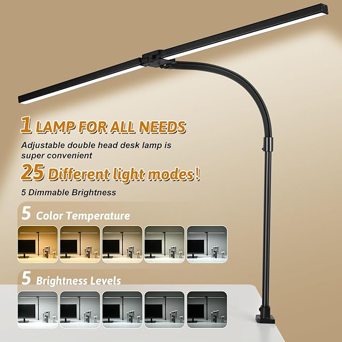 Small Desk Lamp for Office Dorm Home - Eye Caring Desk Light 18W Brightest Gooseneck Dimmable Table lamp with Anti-Glare Cover Clamp(No Remote)