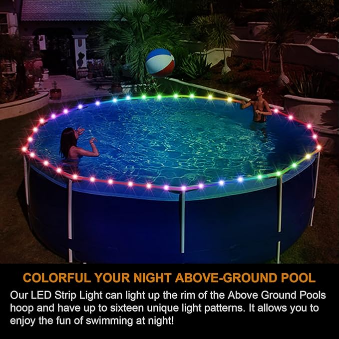 Remote Control LED Lights for Above Ground Pools, 15Ft Submersible Rim Lights, C Battery Box, 16 Color Changing at Night, Waterproof