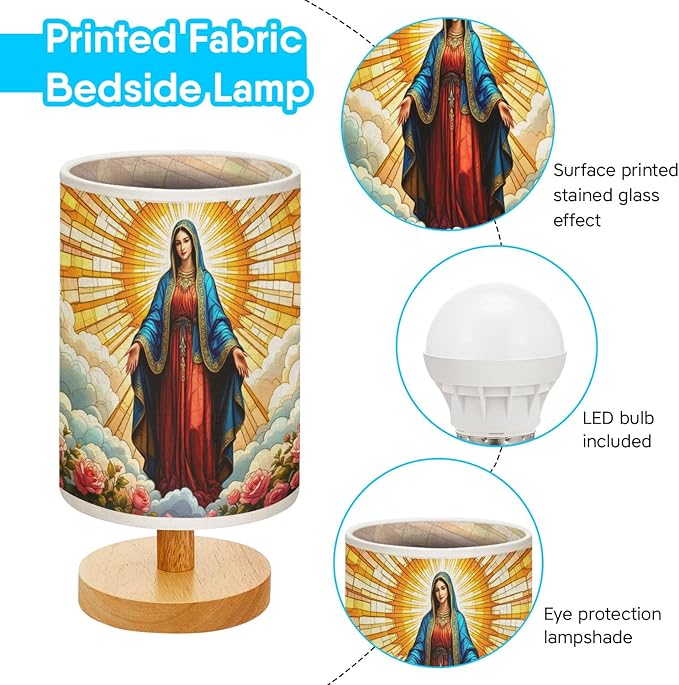 Our Lady of Guadalupe Table Lamp LED 3-Color Pressed Bedside, Our Lady of Guadalupe Shade Lamp with Wood Base for Bedroom Living Room Desk Office TL01