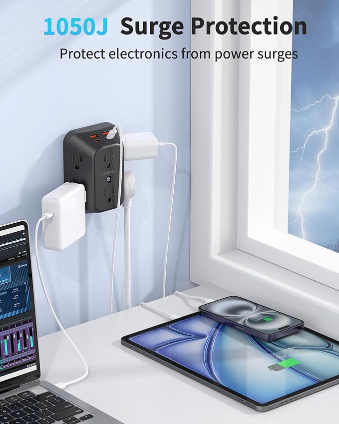 USB Wall Charger Surge Protector, HOPOW 6 Outlet Extender with 4 USB Charging Ports (2 USB C), 3-Sided 1050J Multi Plug Wall Outlet, Wall Mount for Home Travel Office, Black