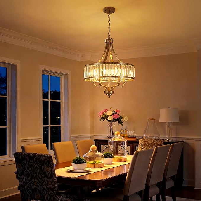 20" Brushed Nickel Crystal Chandelier,5-Light Modern Dining Room Light Fixture Over Table Adjustable Height Hanging Industrial Pendant Lights Kitchen Island,Living Room Kitchen Island Entryway