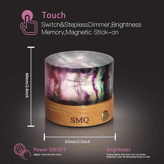 SMQ Rainbow Fluorite Crystal Night Light with USB Charging Port,Handmade Polished Natural Stone Cylindrical Touch Night Lamp with Wooden Base for Living Room,Shelf,Office